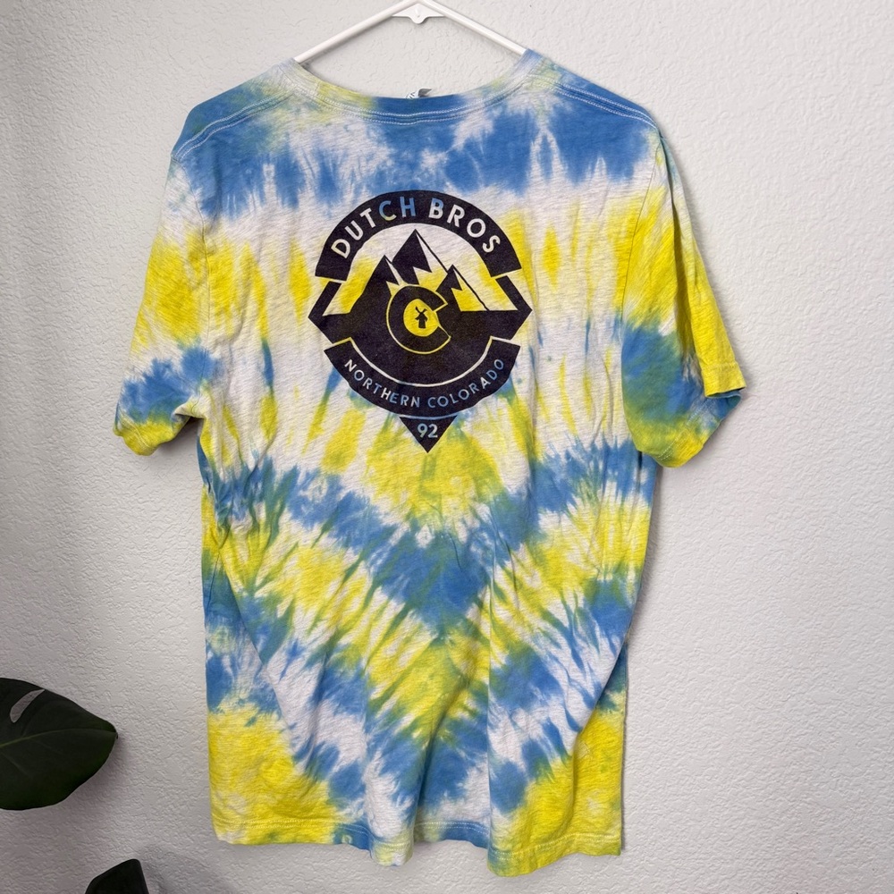 Dutch Bros Coacha Blue and Yellow Tie-Dye Short Sleeve RARE Northern Colorado